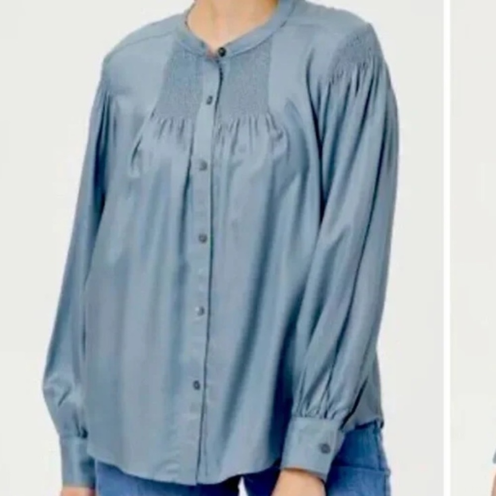 Rebecca Taylor smocked fluid twill long sleeve dusky green blue blouse Sz XS